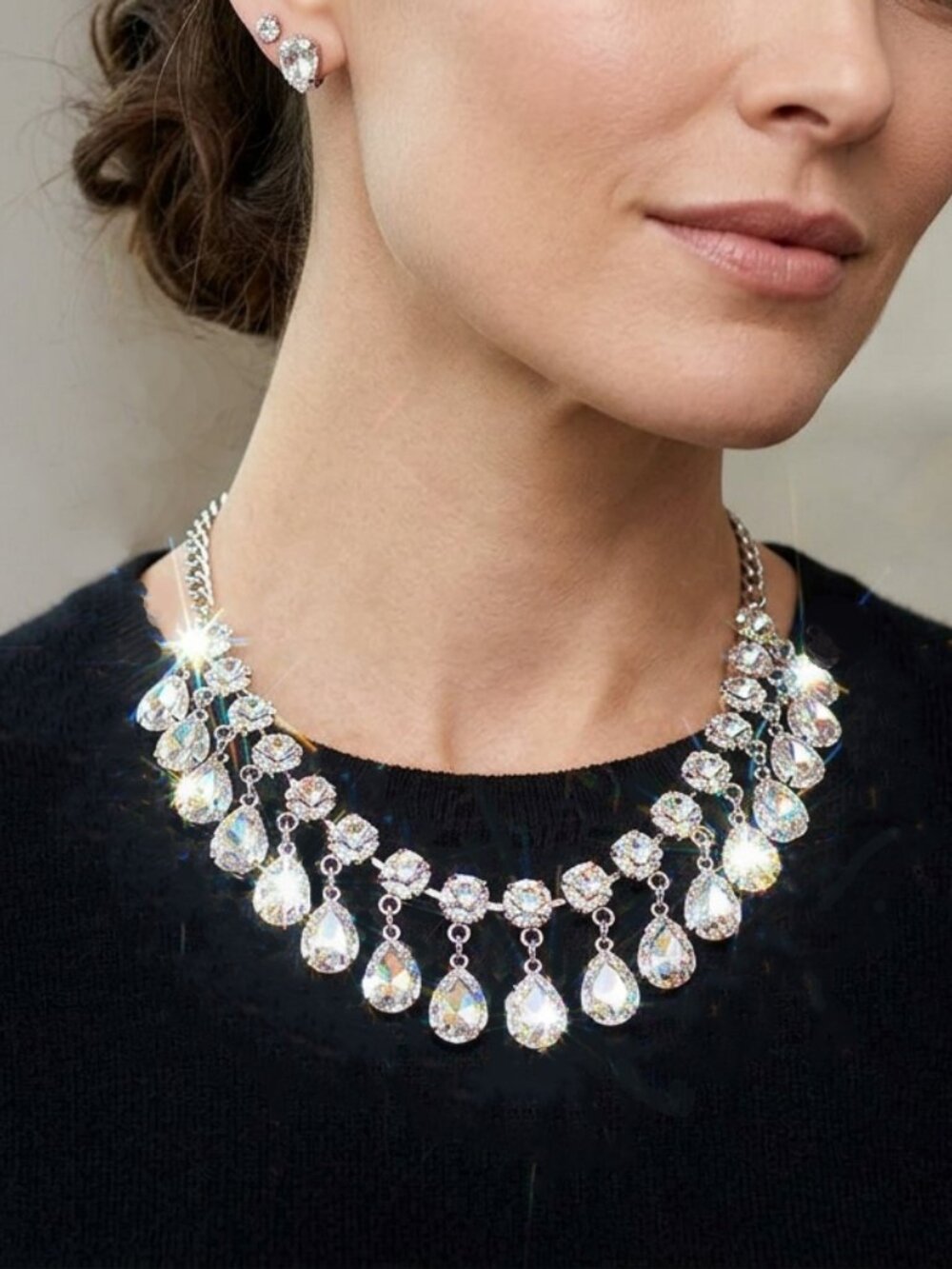Vintage Clear Crystal Teardrop Fringe Bib Necklace Silver Tone Statement Choker